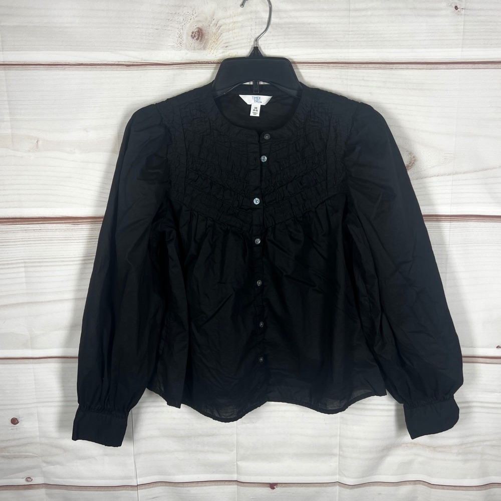 Time and Tru Smocked Blouse Womens XS Black Solid Long Sleeve Button Front Top